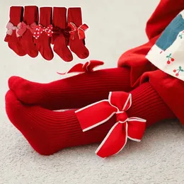 Crianças meias natal bebê meninas meias de malha outono vermelho grande bowknot meias crianças com nervuras meia-calça inverno quente infantil leggings roupas 231121