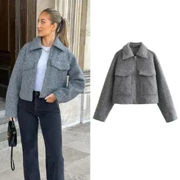 Women's Wool Blends TRAF Autumn Winter Cropped Jacket for Women Short Coat Tweed Zip Crop Demiseason Woman in outerwears 231120