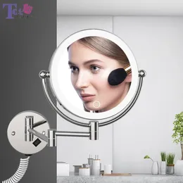 Kompakt Aynalar Duvara monte LED makyaj aynası ile fiş 5x büyüteç kozmetik ayna çift taraflı duvar aynaları dokunmatik banyo aynaları 231120