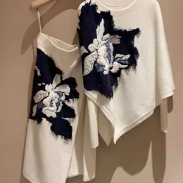 Two Piece Dress WDMSNA Autumn White Embroidered Flower Sweater Womens Long Sleeve Drawn High Waist A Thread Half Set 231120