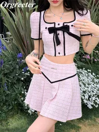 Two Piece Dress Vintage Classic Fashion Tweed Two Piece Set Women Outfits Sweet Bow Lace-up Crop TopPleated Skirt Suits Female Y2k 2 Piece Set 230421