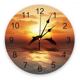 壁の時計夕暮れの海洋イルカジャンプリビングルームステッカーのためのモダンな時計ホーム装飾ダイニングデジタル