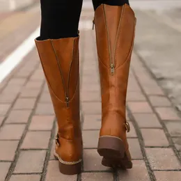 Boot's Knee High Boots Fashion Low Heels Square Platform Långt brun svart läder Pu Zip Winter Woman Warm Shoes Booties 231120