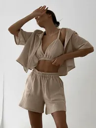 Pigiama da donna Linad Khaki da donna per donna Set da 3 pezzi in cotone manica corta reggiseno femminile abiti da casa casual con pantaloncini primavera 2023