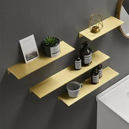 Bathroom Shelves Brushed Gold Metal Bathroom Shelf Wall Storage Rack Washstand Drilling Large Wall Shelf for Storage 30/40/50/60cm Length Holder 230421