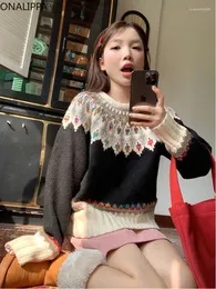 Kobiety swetry Onealippa vintage kontrastujący Jacquard Sweater kontrast wszystko pasuje do luźnego koreańskiego mody szykownego designu dzianin pullover