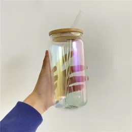 16 uncji szklane szklane kubki z bambusową pokrywką sublimację kolory laserowe przezroczyste holograficzne szklanki piwo co może być napoje kubki przenoszenia ciepła FY5274 SS0421