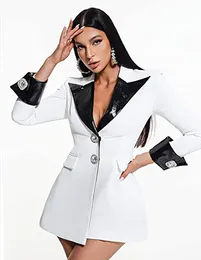 女性用ダイヤモンドボタン長い革のドレスセクシーな長いブレザージャケットドレスホワイトBa06のファッションブレザードレス