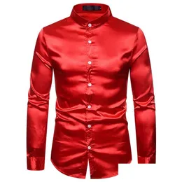 Mäns casual skjortor herrar röd siden satin klänning skjorta män 2021 vårhöst långärmad knapp ner affärsfall leverans ap dhwwh