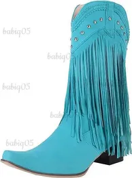 Boots Women Tassel Cowgirl Boots Shoes 2022 New Fringe Middle Heels Western Boots Fashion Slip-on Wedge Pointed Toe Boots Female T231121