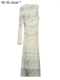 Günlük elbiseler Baskılı örgü yarı şeffaf elbise kadınlar için moda asimetrik bir uzun kollu midi vintage arka fermuarlı vestidos