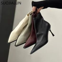 ブーツSuojialun 2023 Brand Women Ankle Fashion Pointed Toe Sides Zipper Ladies Elegant Short Boot Thin High Heel Chelsea Sho 231120