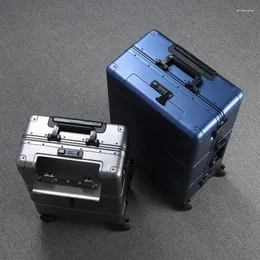 Resväskor resväska all aluminium frontöppning vagn bagage kvinnors väska metall affärsmän lösenord på hjul kabin resor