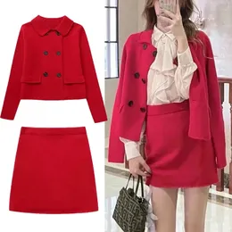 Damskie garnitury Blazers Traf Women Wool Blazer Zestaw Red Lapel Long Rleeves Blazer Fashion Dwuzorne Krótkie kurtki Spódnica Zestaw jesienny 231121