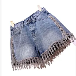 High-End-Jeansshorts mit hoher Taille und Fransen für Damen