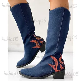 Stiefel Trendy Vintage Westernstiefel Damen Blue Denim Chunky Heels Reißverschluss Cowboy Round Toe Lässige bequeme Mittelkalbstiefel Cowgirl Schuhe Frau T231121