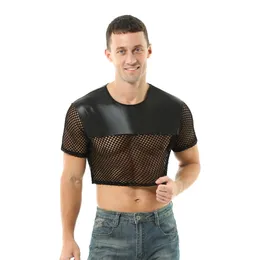 Herr t -skjortor sexig imitation läder transparent rund hals netto ihålig stor storlek topp