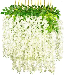 Flores decorativas glicínias pendurado artificial falso espessado seda videira guirlanda corda para festa de casamento jardim vegetação casa parede deco 12 pçs