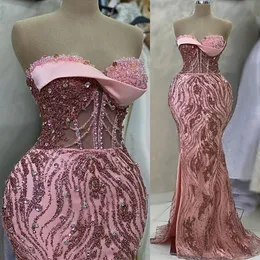 2023 april Aso Ebi Mermaid Pink Prom Dress Crystals Pärled Spets Evening Formal Party Second Reception Födelsedagsengagemang Klänningar Klänningar Robe de Soiree ZJ500
