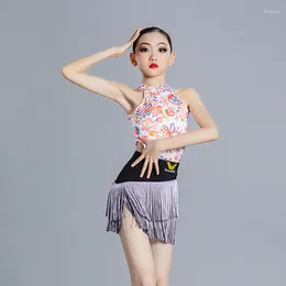 Scen Wear Latin Dance Costume For Girls Summer Tango Chacha Practice Printing Tops Fringed kjol Rumba Samba Performance Dress YS3474