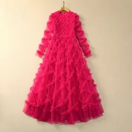 2024 Весеннее ярко-розовое сплошное платье из прозрачного тюля с длинными рукавами и круглым вырезом, длинные повседневные платья макси S3N121023