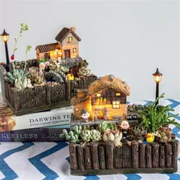 1 Stück Harz-Blumentopf mit Lampe für Sukkulenten, Pflanzen, kreativer Übertopf, kleine Bonsai-Mikrolandschaft, Gartendekoration, Y200723236G