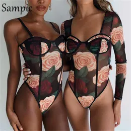 Frauen Zweiteilige Hose Sampic Durchsichtig Mesh Sexy Blumendruck Langarm Bodysuit Frauen Club Skinny Herbst Sommer Tops 2023 Weiblicher Körper