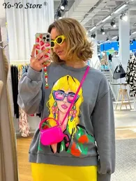 Kvinnors hoodies tecknad kontrast tryckt tröjor kvinnor lös o-hals långärmad tröjor kvinnlig 2023 höst mode casual dams topp