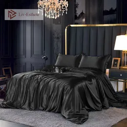 Sängkläder set Liv-Estete Luxury Black Satin Washed Lmitation Silk Set Quilt Däcke Cover Queen King Pillowcase Double Bed Linen 230422