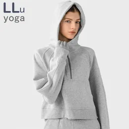 LLu Yoga-Anzugjacke, Herbst/Winter, Damen, SCA, klassischer Kapuzenpullover mit halbem Reißverschluss, lockerer Plüsch, warmer Outdoor-Lauf-Winddichter Mantel, kurzes Fitness-Top (mit Stickerei)