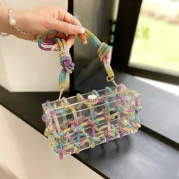 Bolsos de noche Caja de acrílico transparente con diamantes, bolsos de mano de noche para mujer, Boutique, bolsos y bolsos de diamantes de imitación con cuerda anudada tejida, fiesta de boda 231122