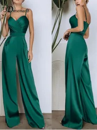 Women's Jumpsuits Rompers Dressmecb Satin Spaghetti Strap Jumpsuits For Women Backless V Neck Wide Leg Pants Slim Female Sexy Nightclub Party Rompers 230422