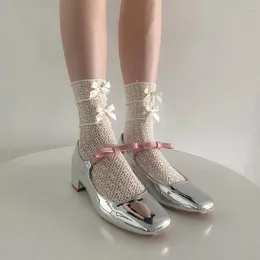Женские носки в японском стиле для девочек, длинные летние сетчатые дышащие кружевные носки с рюшами JK Lolita Kawaii, милые бантом