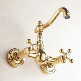 Kitchen Faucets Luxury Gold Color Brass Wall Mounted Swivel Spout Bathroom Bath Tub Faucet Cold Mixer Taps Two Cross Handles Agf019