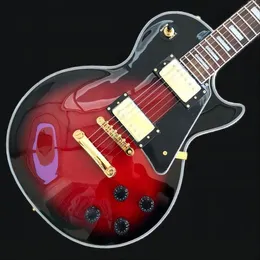 Guitarra eléctrica LP personalizada, herrajes dorados, diapasón de palisandro, tapa de arce flameado rojo, cuerpo de caoba maciza guita369