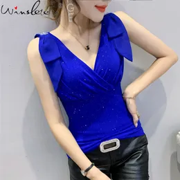 Women's Tanks Camis Summer European Style Vest Chic Sexy VNeck Drape Shiny Bowknot Diamond Tops Sleeveless Casual All Match T15518A 230422