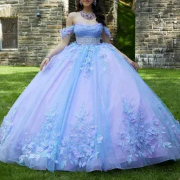 Lavender Glitter Off The Shoulder Ball Gown Quinceanera Dresses Sweet 16 Princess Applique Lace Beads Prom Gowns Vestido De 15 Anos