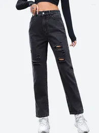 Женские джинсы Benuynffy, женские рваные брюки с высокой талией и карманами, повседневная уличная одежда, потертые мешковатые прямые джинсовые брюки-бойфренды