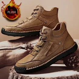 Boots Winter for Men Plush Hand Suture Leather Hightop Hiking Shoes Outdoor Nonslip Warm Ankle Big Size 48 Male 231121
