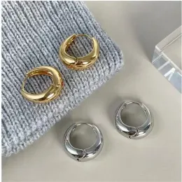 أقراط طوق 100 ٪ Authuentic 925 Sterling Silver Big White/Gold Smooth Circle Arc Huggie Gine Jewelry TLE1215