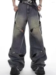 Men's Jeans Y2k High Street Patchwork Loose Men Hollow Out Trendy Vintage Metal Button Straight Denim Pant Wide Leg