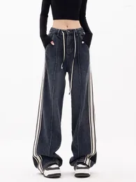 Kvinnors jeans mode vintage pantalones randig kontrastfärg hög midja snörning på vårens höst lös alla matcher pantalon överdimensionerade 2023