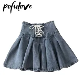 Skirts Pleated Jeans Skirt Women Punk Sexy Denim A-LINE Gothic Y2k Harajuku Cross -strap Elasticity Summer Casual Skirt Safety Pants P230422