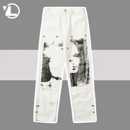 Men's Pants Punk Cargo Jeans Men Oversized Face Painting Print Trousers Loose Couple Straight Trousers Men Women Streetwear Y2K Pants White G230422