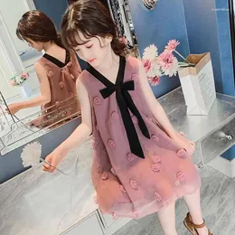 Mädchen Kleider Sommer Mädchen Kleid 2023 Koreanischen Stil Applikation Bogen Kleine Fee Europäischen Amerikanischen Prinzessin Kinder Kleidung 4-13