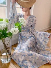 Casual Dresses French Vintage Elegant Floral Midi Dress Office Lady Beach Fashion Slim Women Em och Party Korean Summer 2023