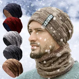 Beanieskull Caps Mens Beanie Hat 2st Ski Cap and Scarf Winter Warm Woolly Hats Stick Ribbed vandring utomhus plus sammet tjockare häckning 230421