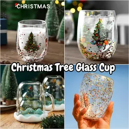 Кружки 300 мл Креативная стеклянная чашка для рождественской елки Термостойкая стеклянная чашка с двойными стенками Кофейная кружка с крышкой Симпатичные рождественские подарки для девочек 231121