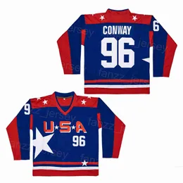 College Moive US Hockey Jersey 96 Charlie Conway Mighty Team Blue Stickerei Nähen Atmungsaktiv Universität Vintage Sport Atmungsaktiver Retro-Pullover aus reiner Baumwolle