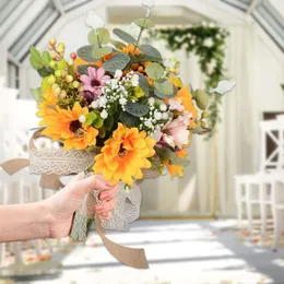 Dekorativa blommor bröllop brudbukett med band solblommor kaskad buketter för brud brudtärna ceremoni duschdekorationer